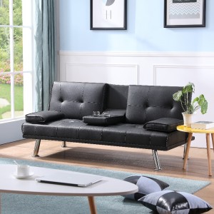 Faux leather sectional sofa living room sofa set with cupholder folding sofa bed